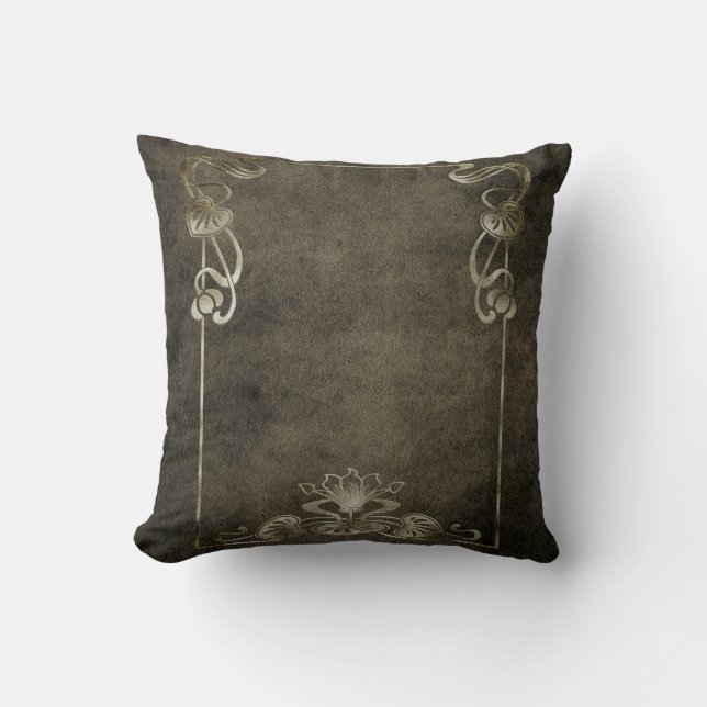 Art nouveau suede look elegant gold brown lotus throw pillow (Front)