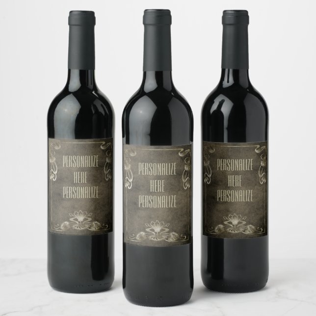 Art nouveau suede look elegant gold brown lotus wine label (Bottles)