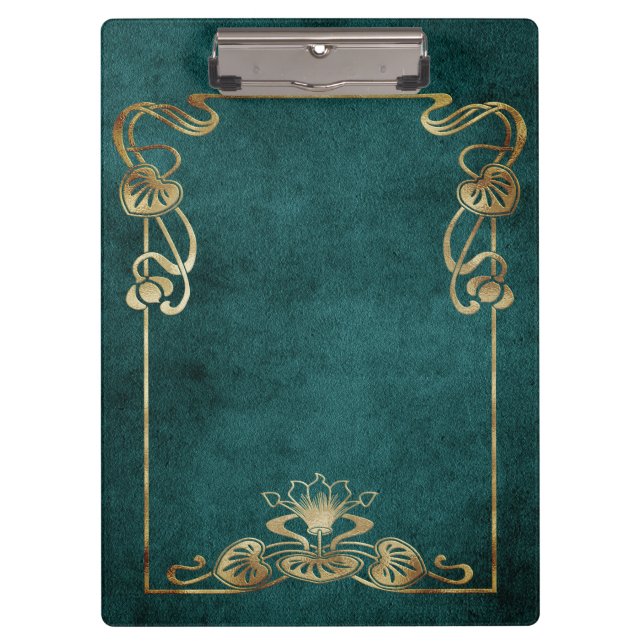 Art nouveau suede look elegant gold green lotus clipboard (Front)