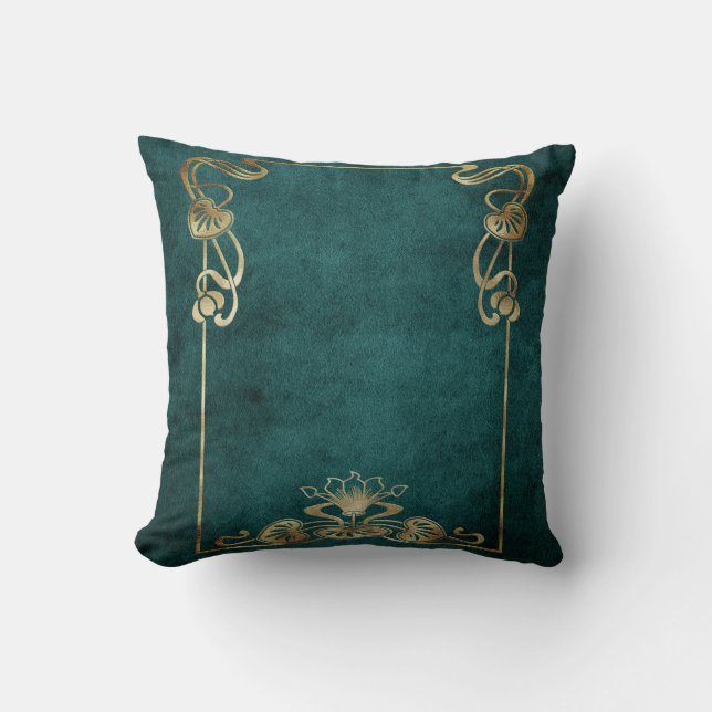 Art nouveau suede look elegant gold green lotus throw pillow (Front)