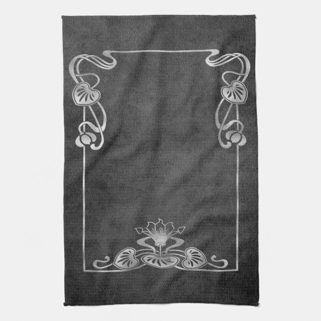 Art nouveau suede look elegant silver gray lotus  kitchen towel (Vertical)