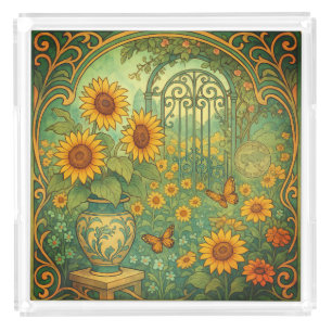 Art Nouveau Sunflower Garden Butterflies Acrylic Tray