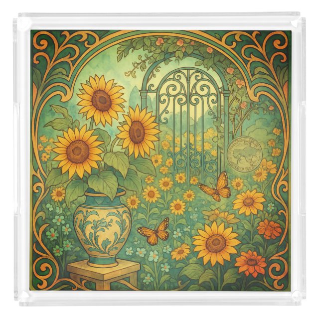 Art Nouveau Sunflower Garden Butterflies Acrylic Tray (Front)