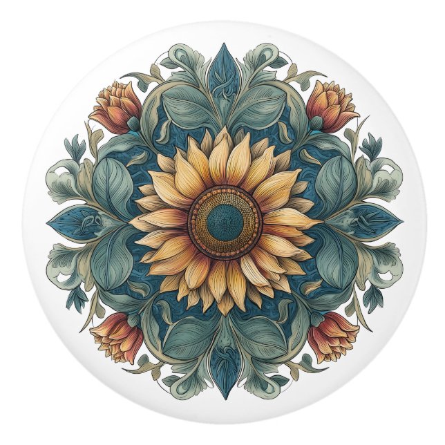 Art Nouveau Sunflower Medallion Ceramic Knob (Front)