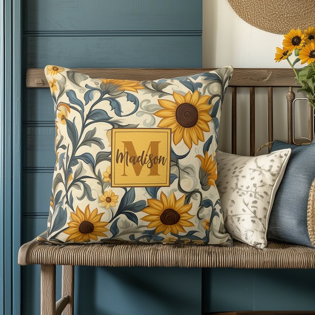 Art Nouveau Sunflower Monogrammed Throw Pillow (Creator Uploaded)