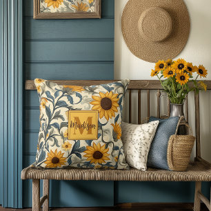 Art Nouveau Sunflower Monogrammed Throw Pillow