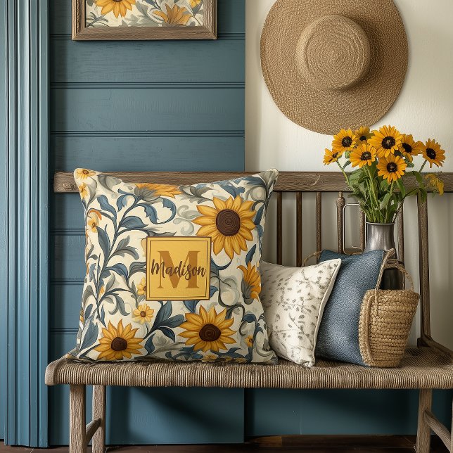 Art Nouveau Sunflower Monogrammed Throw Pillow (Creator Uploaded)
