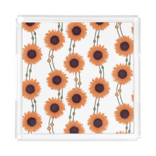 Art Nouveau Sunflower Retro Floral Stripes Orange Acrylic Tray