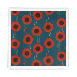 Art Nouveau Sunflower Retro Floral Stripes Red Acrylic Tray