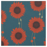Art Nouveau Sunflower Retro Floral Stripes Red Fabric