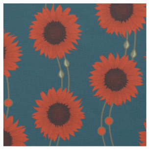 Art Nouveau Sunflower Retro Floral Stripes Red Fabric