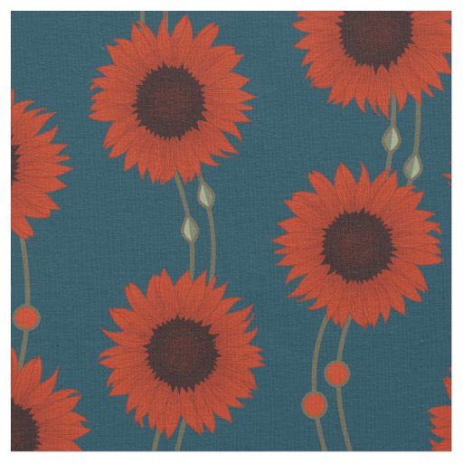 Art Nouveau Sunflower Retro Floral Stripes Red Fabric
