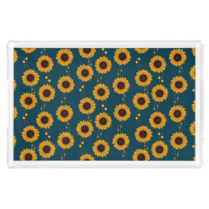 Art Nouveau Sunflower Retro Floral Stripes Yellow Acrylic Tray