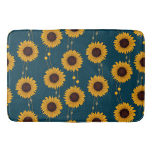 Art Nouveau Sunflower Retro Floral Stripes Yellow Bath Mat