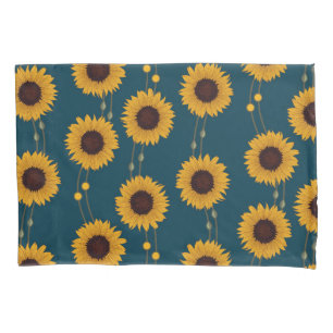 Art Nouveau Sunflower Retro Floral Stripes Yellow Pillow Case