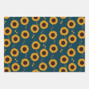 Art Nouveau Sunflower Retro Floral Stripes Yellow Wrapping Paper Sheets