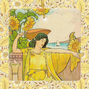 Art Nouveau Sunflower Woman Vintage Illustration  Ceramic Ornament
