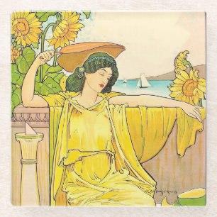 Art Nouveau Sunflower Woman Vintage Illustration  Glass Coaster