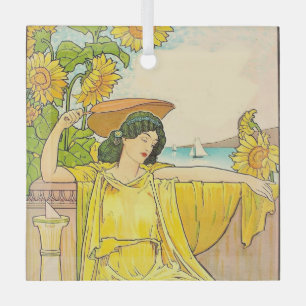 Art Nouveau Sunflower Woman Vintage Illustration Glass Ornament