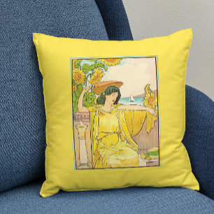 Art Nouveau Sunflower Woman Vintage Illustration  Throw Pillow