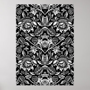 Art Nouveau Sunflowers, Black, White and Gray Post Poster