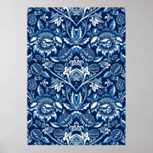 Art Nouveau Sunflowers, Dark Blue and White Poster