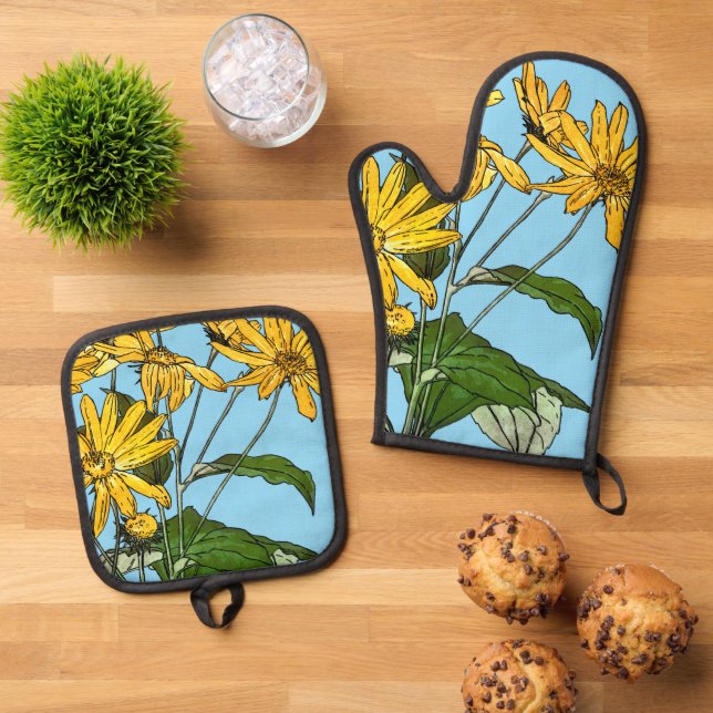 Art Nouveau Sunflowers Oven Mitt & Pot Holder Set (Top Down)