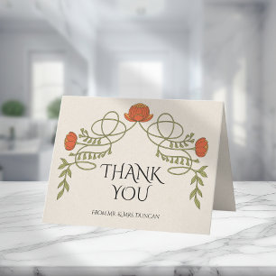 Art Nouveau Sunset Orange Orange Flower Wedding  Letterpress Thank You Card