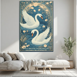 Art Nouveau Swan Couple Blue Pond Romantic Quote 