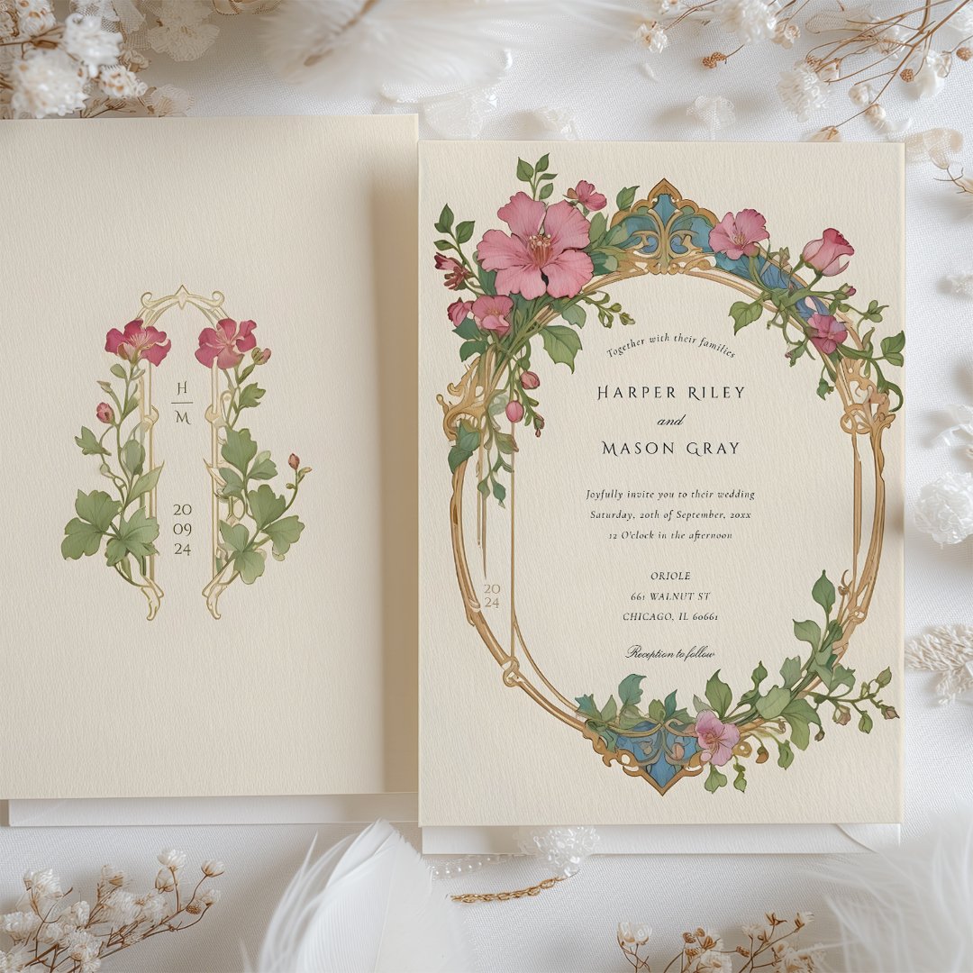 Art Nouveau Sweet Pea Floral Wedding Invitation