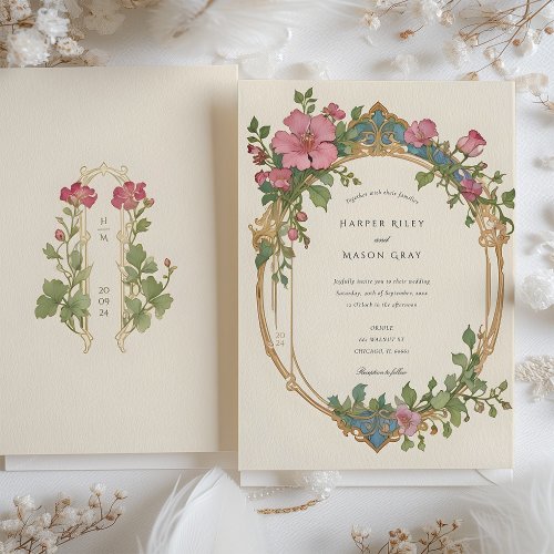 Art Nouveau Sweet Pea Floral Wedding Invitation