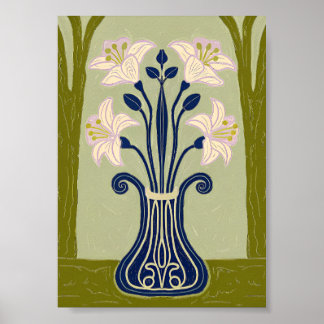 Art Nouveau Symmetrical Lily Illustration in Cobal Poster