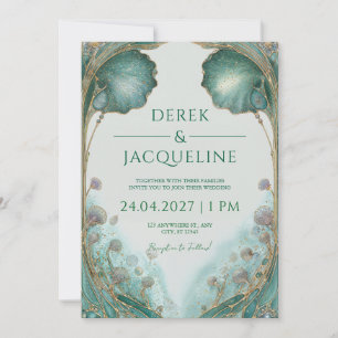 Art Nouveau Teal Gold Ginkgo Leaf Wedding Invitation