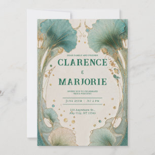 Art Nouveau Teal Gold Ginkgo Leaf Wedding Invitation