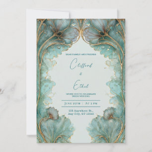 Art Nouveau Teal Gold Ginkgo Leaf Wedding Invitation