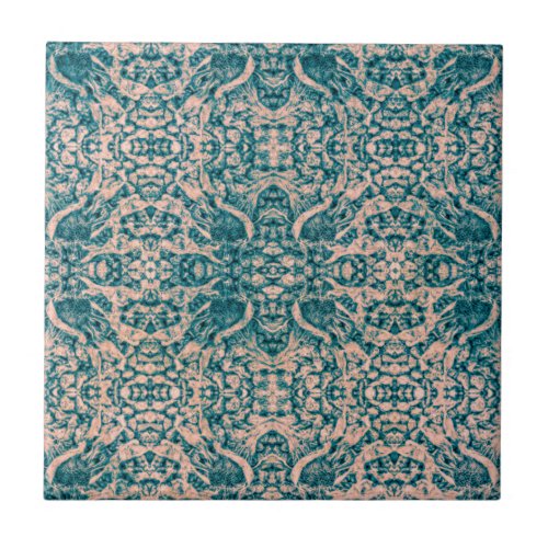 Art Nouveau Teal Green Beige Mirror Art Pattern  Ceramic Tile