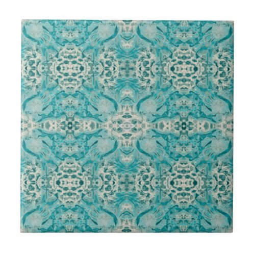 Art Nouveau Teal Green Decorative Mirrored Pattern Ceramic Tile