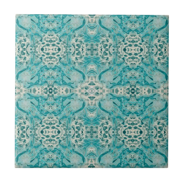Art Nouveau Teal Green Decorative Mirrored Pattern Ceramic Tile (Front)