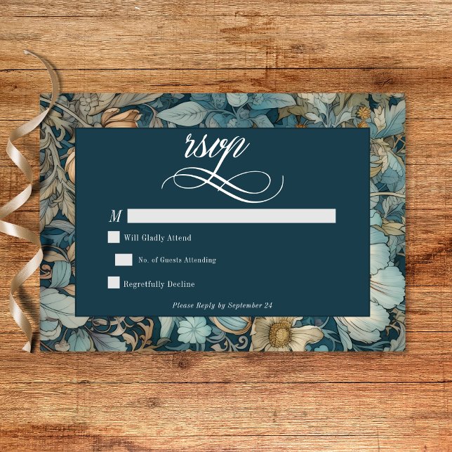 Art Nouveau Teal William Morris Floral Wedding RSVP Card (Art Nouveau Teal William Morris Floral Wedding RSVP Card)
