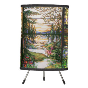 Art Nouveau Tiffany Stained Glass Flowers Stream Tripod Lamp