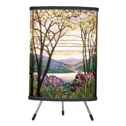 Art Nouveau Tiffany Stained Glass Irises Magnolia Tripod Lamp