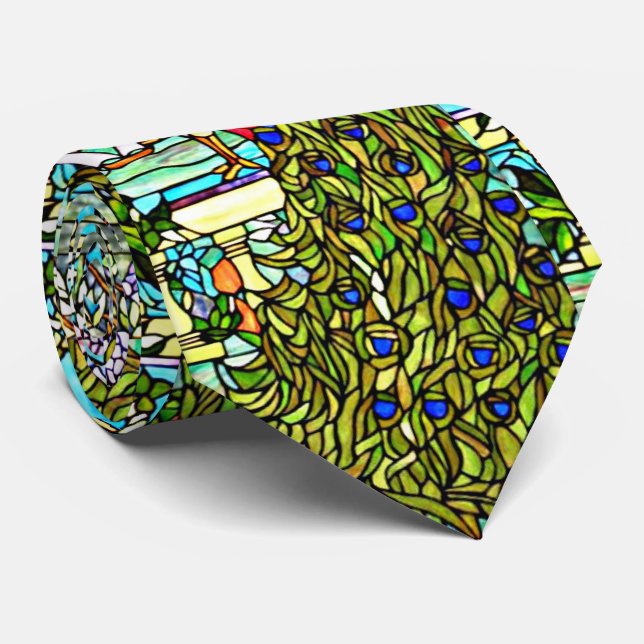 Art Nouveau Tiffany Stained Glass Window Peacock Neck Tie (Rolled)