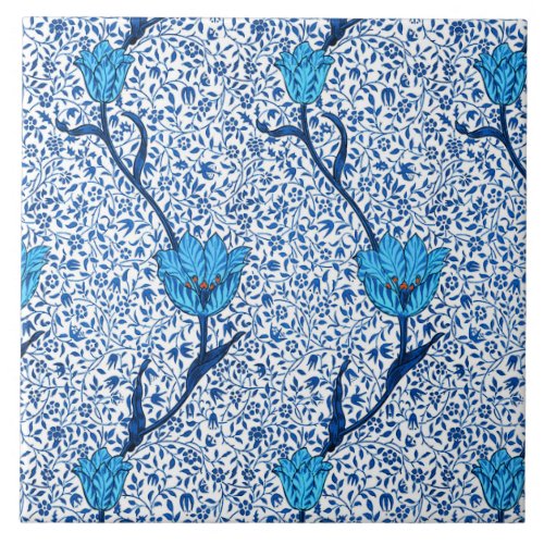 Art Nouveau Tulip Damask Cobalt Blue Ceramic Tile