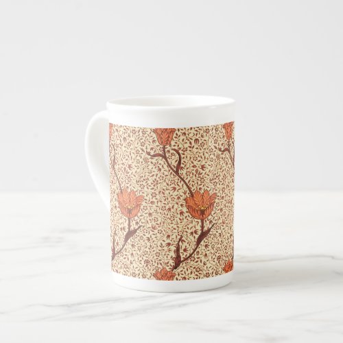 Art Nouveau Tulip Damask Coral and Beige Bone China Mug