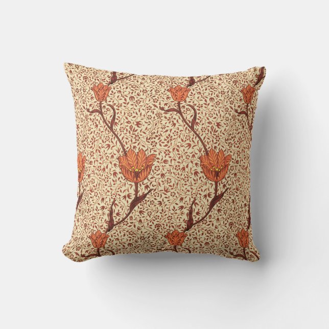 Art Nouveau Tulip Damask, Coral and Beige Throw Pillow (Front)