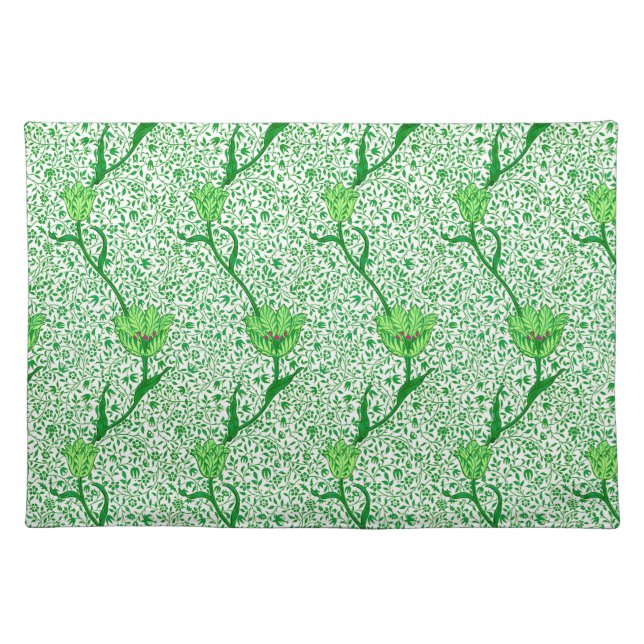 Art Nouveau Tulip Damask, Emerald Green Cloth Placemat (Front)