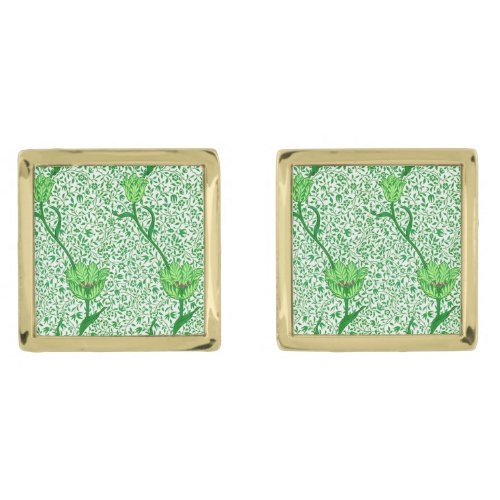 Art Nouveau Tulip Damask Emerald Green Gold Cufflinks