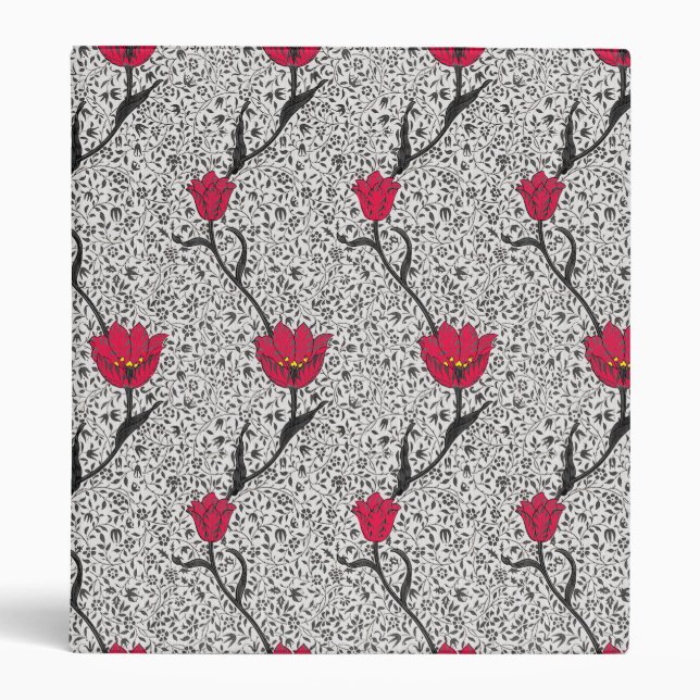 Art Nouveau Tulip Damask, Grey and Red 3 Ring Binder (Front)