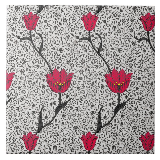 Art Nouveau Tulip Damask, Grey and Red Ceramic Tile (Front)