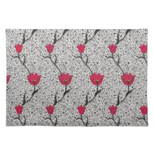 Art Nouveau Tulip Damask, Grey and Red Cloth Placemat